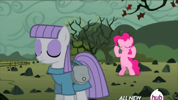 Size: 576x324 | Tagged: safe, screencap, character:maud pie, character:pinkie pie, episode:maud pie, g4, my little pony: friendship is magic, animated, confetti, hub logo, hubble, saddle bag, the hub