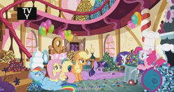 Size: 1440x762 | Tagged: safe, screencap, character:applejack, character:fluttershy, character:pinkie pie, character:rainbow dash, character:rarity, character:twilight sparkle, species:pony, episode:maud pie, g4, my little pony: friendship is magic, animation error, chubby, fat, mane six, meme, rock candy, somehow a unicorn again, stuffed, youtube caption
