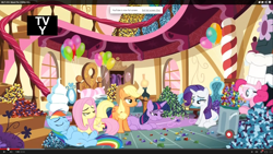 Size: 1920x1080 | Tagged: safe, screencap, character:applejack, character:fluttershy, character:pinkie pie, character:rainbow dash, character:rarity, character:twilight sparkle, character:twilight sparkle (alicorn), species:alicorn, species:pony, episode:maud pie, g4, my little pony: friendship is magic, animation error, balloon, chubby, fat, female, mane six, mare, raritubby, rock candy, somehow a unicorn again, stuffed, tv rating, tv-y, youtube