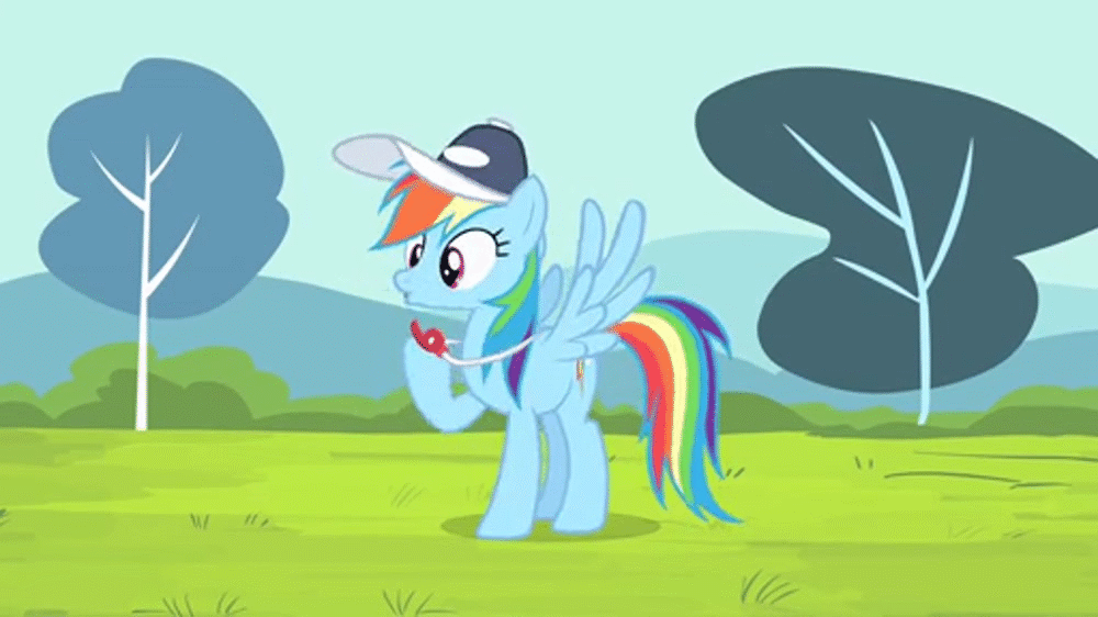 Size: 1000x562 | Tagged: safe, screencap, character:rainbow dash, episode:flight to the finish, g4, my little pony: friendship is magic, animated, blowing, clothing, coach, hat, solo, spit, spitting, whistle