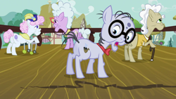 Size: 1920x1080 | Tagged: safe, screencap, character:chelsea porcelain, character:geri, character:mr. waddle, character:pearly stitch, species:earth pony, species:pony, episode:the mysterious mare do well, g4, my little pony: friendship is magic, balcony, bow tie, cane, clothing, crack, elderly, female, glasses, hat, liver spots, looking down, male, mare, open mouth, stallion, walker