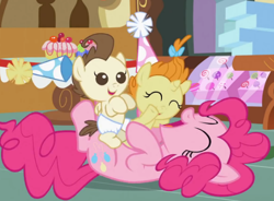 Size: 524x386 | Tagged: safe, screencap, character:pinkie pie, character:pound cake, character:pumpkin cake, species:earth pony, species:pegasus, species:pony, species:unicorn, episode:baby cakes, g4, my little pony: friendship is magic, babies, baby ponies, clothing, cute, diaper, diapered, diapered colt, diapered filly, diapered foals, diapinkes, eyes closed, female, filly, happy, happy babies, hat, mare, one month old colt, one month old filly, one month old foals, out of context, party hat, party hats, playing, white diapers