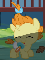 Size: 279x370 | Tagged: safe, screencap, character:pumpkin cake, species:pony, episode:baby cakes, g4, my little pony: friendship is magic, baby, baby pony, cute, diaper, diapered, diapered filly, eyes closed, female, filly, giggling, happy, happy baby, mouth hold, one month old filly, pacifier, pumpkinbetes, smelly, smiling, solo, visible stench, white diaper