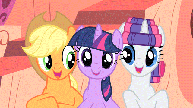 Size: 640x360 | Tagged: safe, artist:faithbringer, screencap, character:applejack, character:rarity, character:twilight sparkle, episode:look before you sleep, g4, my little pony: friendship is magic, animated, eyes closed, hair curlers, happy, hoofbump, hooves in air, smiling