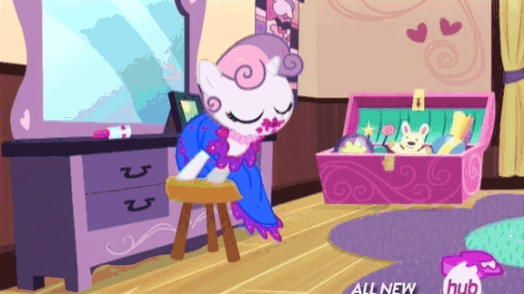 Size: 576x324 | Tagged: safe, screencap, character:princess luna, character:sweetie belle, episode:for whom the sweetie belle toils, 5-year-old, 5-year-old sweetie belle, animated, bed, clothing, cute, diasweetes, dream walker luna, dress, faceplant, hub logo, hubble, lipstick, mirror, shoes, the hub, tripping, weapons-grade cute