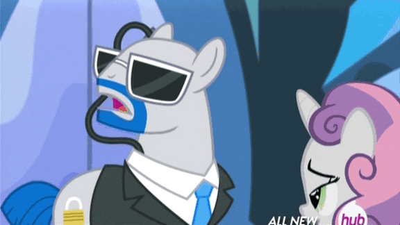 Size: 576x324 | Tagged: safe, screencap, character:sweetie belle, episode:for whom the sweetie belle toils, animated, glasses, guard, hub logo, hubble, lockdown, talking, the hub