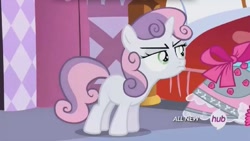 Size: 1017x572 | Tagged: safe, screencap, character:sweetie belle, episode:for whom the sweetie belle toils, hub logo, pouting, solo
