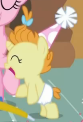 Size: 182x267 | Tagged: safe, screencap, character:pinkie pie, character:pumpkin cake, species:pony, episode:baby cakes, g4, my little pony: friendship is magic, baby, baby pony, bipedal, clothing, cute, diaper, diapered, diapered filly, eyes closed, female, filly, happy, happy baby, hat, noisemaker, one month old filly, open mouth, party hat, party horn, smiling, white diaper