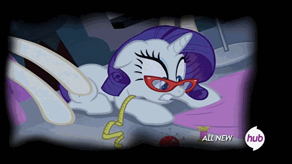 Size: 576x324 | Tagged: safe, screencap, character:rarity, episode:for whom the sweetie belle toils, animated, fabric, glasses, hub logo, hubble, mannequin, marshmelodrama, measuring tape, nightmare, solo, spool, the hub