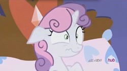 Size: 1018x572 | Tagged: safe, screencap, character:sweetie belle, episode:for whom the sweetie belle toils, hub logo, solo