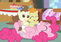 Size: 515x352 | Tagged: safe, screencap, character:pinkie pie, character:pound cake, character:pumpkin cake, species:pony, episode:baby cakes, g4, my little pony: friendship is magic, babies, baby ponies, cake, cake twins, candy, colt, cute, diaper, diapered, diapered colt, diapered filly, diapered foals, eyes closed, female, filly, foal, grin, happy, happy babies, male, on back, open mouth, playing, siblings, sitting, smiling, table, tickling, twins, white diapers