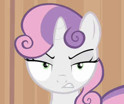 Size: 1250x1050 | Tagged: safe, screencap, character:sweetie belle, species:pony, species:unicorn, episode:for whom the sweetie belle toils, angry, death stare, faec, female, filly, frown, glare, gritted teeth, hub logo, looking at you, meme origin, solo, sweetie belle is not amused, unamused, wide eyes