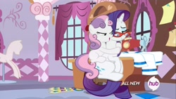 Size: 1920x1080 | Tagged: safe, screencap, character:rarity, character:sweetie belle, episode:for whom the sweetie belle toils, context is for the weak, hub logo, lidded eyes
