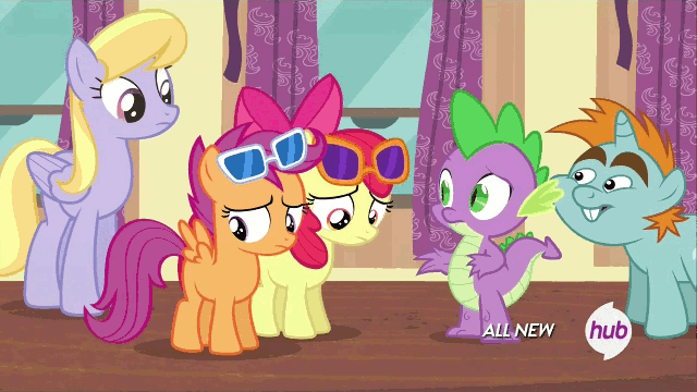 Size: 640x360 | Tagged: safe, screencap, character:apple bloom, character:cloud kicker, character:scootaloo, character:snips, character:spike, species:pegasus, species:pony, episode:for whom the sweetie belle toils, animated, hub logo