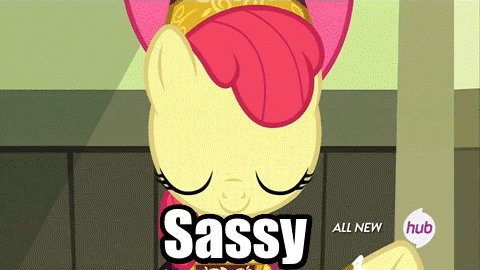 Size: 480x270 | Tagged: safe, screencap, character:apple bloom, episode:for whom the sweetie belle toils, animated, hub logo, image macro, meme, sassle bloom, sassy, solo