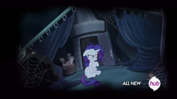 Size: 1366x768 | Tagged: safe, screencap, character:rarity, episode:for whom the sweetie belle toils, bad future, carousel boutique, hub logo, solo, spider