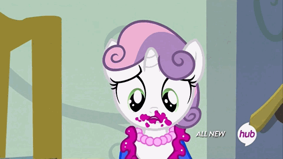 Size: 576x324 | Tagged: safe, screencap, character:sweetie belle, episode:for whom the sweetie belle toils, 5-year-old, 5-year-old sweetie belle, animated, clothing, crying, cute, diasweetes, dress, hub logo, hubble, lipstick, messy, sad, solo, the hub, younger