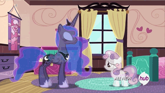 Size: 576x324 | Tagged: safe, screencap, character:princess luna, character:sweetie belle, species:alicorn, species:pony, species:unicorn, episode:for whom the sweetie belle toils, animated, dream walker luna, female, filly, hub logo, hubble, mare, scene change, stomping, the hub, warp, windswept mane