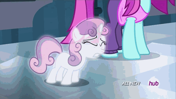 Size: 576x324 | Tagged: safe, screencap, character:sweetie belle, episode:for whom the sweetie belle toils, all new, animated, dream sequence, hub logo, hubble, marshmallow, melted, melting, stuck, sweetie belle is a marshmallow too, text, the hub