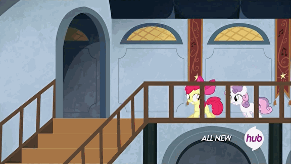 Size: 576x324 | Tagged: safe, screencap, character:apple bloom, character:rarity, character:scootaloo, character:sweetie belle, species:pegasus, species:pony, episode:for whom the sweetie belle toils, animated, box, cutie mark crusaders, hub logo, hubble, stairs, the hub