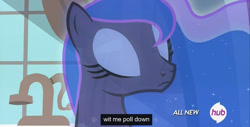 Size: 1366x696 | Tagged: safe, screencap, character:princess luna, episode:for whom the sweetie belle toils, hub logo, meme, solo, youtube caption