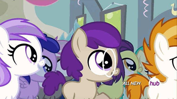 Size: 576x324 | Tagged: safe, screencap, character:banana peel, character:mint flower, character:plumberry, species:pony, episode:for whom the sweetie belle toils, 5-year-old, animated, blinking, brown sugar, burnout (character), dialogue, eyes closed, filly, glasses, hub logo, hubble, looking at each other, looking at you, looking back, open mouth, plum star, the hub, titania, tongue out