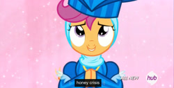 Size: 1366x696 | Tagged: safe, screencap, character:scootaloo, species:pegasus, species:pony, episode:for whom the sweetie belle toils, clothing, costume, honey, hub logo, meme, solo, youtube caption