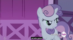 Size: 640x353 | Tagged: safe, screencap, character:sweetie belle, episode:for whom the sweetie belle toils, hub logo, meme, solo, youtube caption