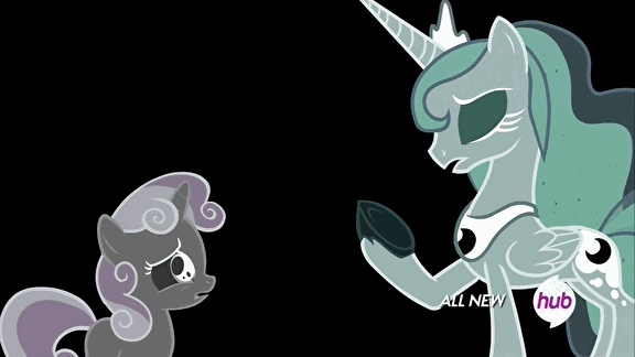 Size: 576x324 | Tagged: safe, screencap, character:princess luna, character:sweetie belle, episode:for whom the sweetie belle toils, animated, dark, door, dream sequence, dream walker luna, hub logo, hubble, inverted colors, the hub