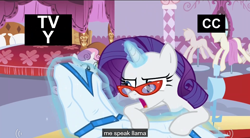 Size: 1064x588 | Tagged: safe, screencap, character:rarity, character:sweetie belle, episode:for whom the sweetie belle toils, hulk speak, llama, meme, possible racism, youtube caption