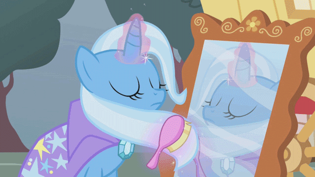 Size: 640x360 | Tagged: safe, screencap, character:trixie, species:pony, species:unicorn, episode:boast busters, g4, my little pony: friendship is magic, animated, brush, brushie, brushing, cute, diatrixes, eyes closed, female, glowing horn, levitation, loop, magic, mane styling, mare, mirror, solo, telekinesis