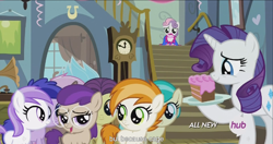Size: 1440x762 | Tagged: safe, screencap, character:banana peel, character:mint flower, character:plumberry, character:rarity, character:sweetie belle, species:pony, episode:for whom the sweetie belle toils, brown sugar, burnout (character), hub logo, meme, plum star, titania, youtube caption