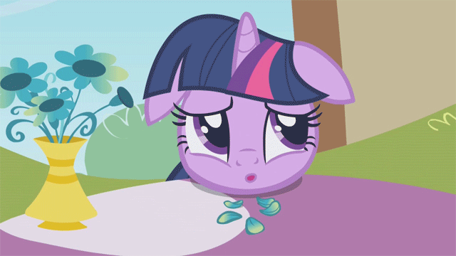 Size: 640x360 | Tagged: safe, screencap, character:twilight sparkle, character:twilight sparkle (unicorn), species:pony, species:unicorn, episode:the ticket master, g4, my little pony: friendship is magic, animated, cute, eating, female, floppy ears, flower, food, horses doing horse things, mare, open mouth, petals, sad, solo, tongue out, twiabetes, twiman