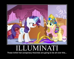 Size: 750x600 | Tagged: safe, screencap, character:fluttershy, character:rarity, episode:for whom the sweetie belle toils, all seeing eye, conspiracy, demotivational poster, headdress, illuminati, meme