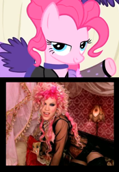 Size: 540x774 | Tagged: safe, screencap, character:pinkie pie, episode:over a barrel, g4, my little pony: friendship is magic, clothing, comparison, dress, lady marmalade, moulin rouge, music video, pink, saloon dress, saloon pinkie, youtube