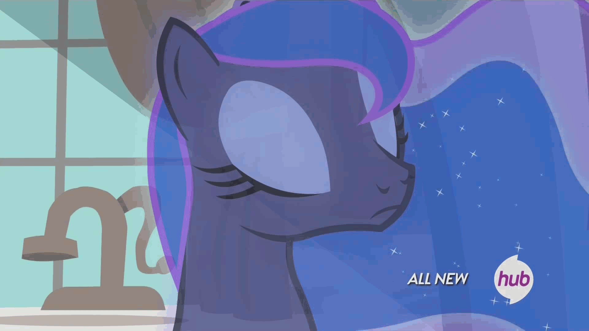 Size: 1920x1080 | Tagged: safe, screencap, character:princess luna, episode:for whom the sweetie belle toils, animated, calm, close-up, curtains, dream, dream walker luna, hub logo, hubble, observer, sink, solo, stoic, the hub, transparent flesh, window