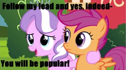 Size: 1281x719 | Tagged: safe, screencap, character:diamond tiara, character:scootaloo, species:pegasus, species:pony, episode:twilight time, g4, my little pony: friendship is magic, lyrics, not sure if want, popular, song reference, wicked