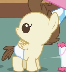 Size: 539x584 | Tagged: safe, screencap, character:pound cake, species:pony, episode:baby cakes, g4, my little pony: friendship is magic, baby, baby pony, clothing, colt, cute, diaper, diapered, diapered colt, hat, male, one month old colt, party hat, solo, standing, unsure, white diaper