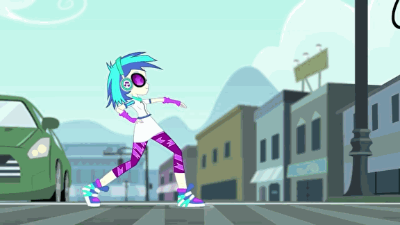 Size: 576x324 | Tagged: safe, screencap, character:dj pon-3, character:vinyl scratch, episode:music to my ears, equestria girls:rainbow rocks, g4, my little pony:equestria girls, animated, canterlot city, car, headphones, solo