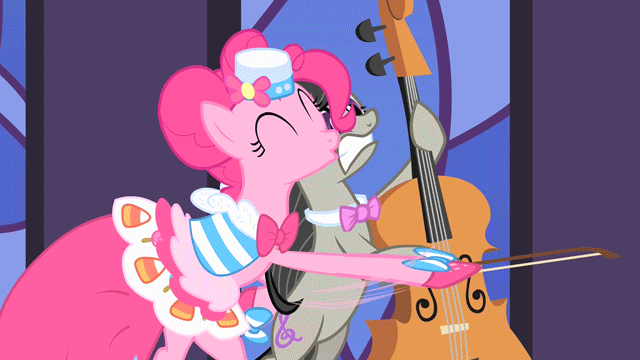 Size: 640x360 | Tagged: safe, screencap, character:octavia melody, character:pinkie pie, episode:the best night ever, g4, my little pony: friendship is magic, animated, bipedal, bipedal leaning, bow (instrument), cello, clothing, dress, duo, eyes closed, gala dress, hoof hold, leaning, musical instrument