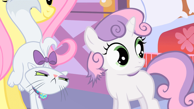 Size: 640x360 | Tagged: safe, artist:faithbringer, screencap, character:fluttershy, character:opalescence, character:sweetie belle, episode:stare master, g4, my little pony: friendship is magic, animated, grin
