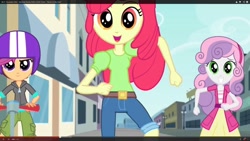 Size: 1024x576 | Tagged: safe, screencap, character:apple bloom, character:scootaloo, character:sweetie belle, species:pegasus, species:pony, episode:music to my ears, equestria girls:rainbow rocks, g4, my little pony:equestria girls, clothing, cutie mark crusaders, female, helmet