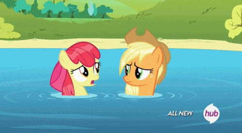 Size: 500x276 | Tagged: safe, screencap, character:apple bloom, character:applejack, character:big mcintosh, species:earth pony, species:pony, episode:leap of faith, g4, my little pony: friendship is magic, animated, big macintosh's yoke, cute, eyes closed, female, filly, floaty, hub logo, hubble, lake, laughing, macabetes, male, mare, open mouth, shark fin, shark hat, stallion, swimming, the hub, water, water wings