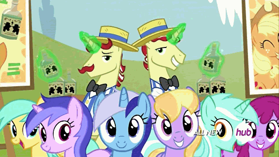 Size: 576x324 | Tagged: safe, screencap, character:applejack, character:berry punch, character:berryshine, character:cloud kicker, character:flam, character:flim, character:lyra heartstrings, character:minuette, character:sea swirl, species:pony, species:unicorn, episode:leap of faith, g4, my little pony: friendship is magic, animated, blinking, female, flim flam miracle curative tonic, grin, hub logo, hubble, lemon drop, looking at you, magic, male, mare, open mouth, smiling, stallion, telekinesis, the hub, tonic