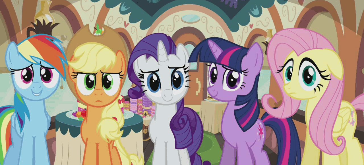 Size: 1280x580 | Tagged: safe, screencap, character:applejack, character:fluttershy, character:rainbow dash, character:rarity, character:twilight sparkle, episode:mmmystery on the friendship express, g4, my little pony: friendship is magic, amused, animated, cake, cropped, cute, dessert, donut, eclair, exchanging looks, friendship express, lip bite, looking at you, pov, skeptical, smirk, stunned, train