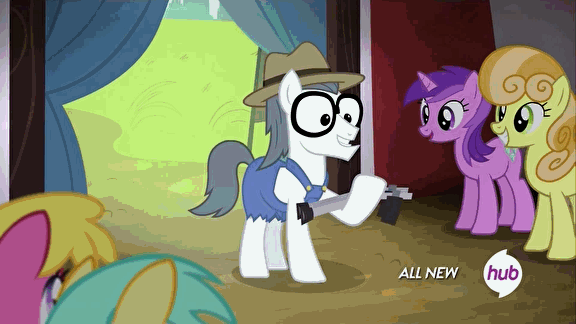 Size: 576x324 | Tagged: safe, screencap, character:amethyst star, character:junebug, character:silver shill, character:sparkler, episode:leap of faith, g4, my little pony: friendship is magic, animated, crutches, hub logo, hubble, prancing, the hub