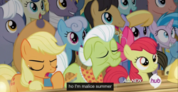 Size: 1600x830 | Tagged: safe, screencap, character:air way, character:apple bloom, character:applejack, character:bon bon, character:caramel, character:cloud kicker, character:granny smith, character:pearly whites, character:sweetie drops, episode:leap of faith, g4, my little pony: friendship is magic, braces, hub logo, malice summer, meme, youtube caption