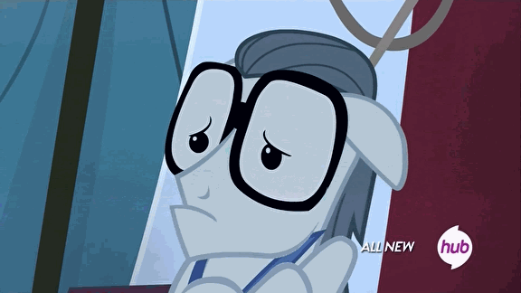 Size: 576x324 | Tagged: safe, screencap, character:silver shill, episode:leap of faith, g4, my little pony: friendship is magic, animated, glasses, gulp, hub logo, hubble, solo, the hub