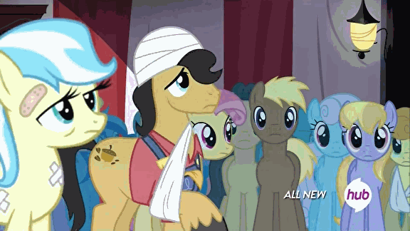 Size: 576x324 | Tagged: safe, screencap, character:candy mane, character:carrot top, character:cultivar, character:doctor whooves, character:flam, character:golden harvest, character:minuette, character:pokey oaks, character:pokey pierce, character:rainbowshine, character:time turner, species:earth pony, species:pegasus, species:pony, species:unicorn, episode:leap of faith, g4, my little pony: friendship is magic, animated, background pony, bandage, bandaged head, bandaged wing, cherry punch, cute, female, flamabetes, foggy fleece, grin, happy, hub logo, hubble, injured, male, mare, nana knits, not coco, smiling, stallion, the hub
