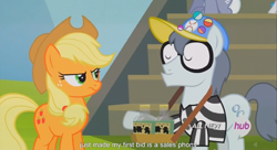 Size: 1394x761 | Tagged: safe, screencap, character:applejack, character:silver shill, episode:leap of faith, g4, my little pony: friendship is magic, hub logo, meme, youtube caption